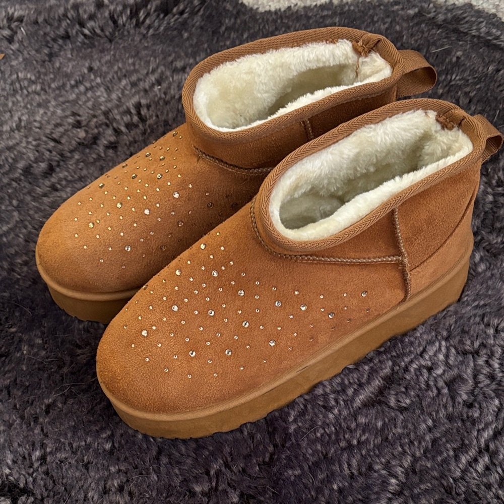 Brown Suede Ankle Platform Boots with Faux Fur Lining